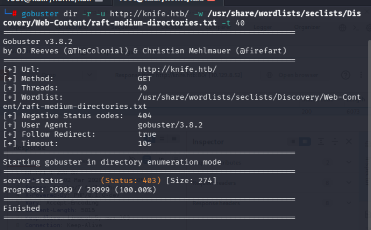 Burp Suite HTTP history showing a GET request to knife.htb and response headers revealing X-Powered-By: PHP/8.1.0-dev.