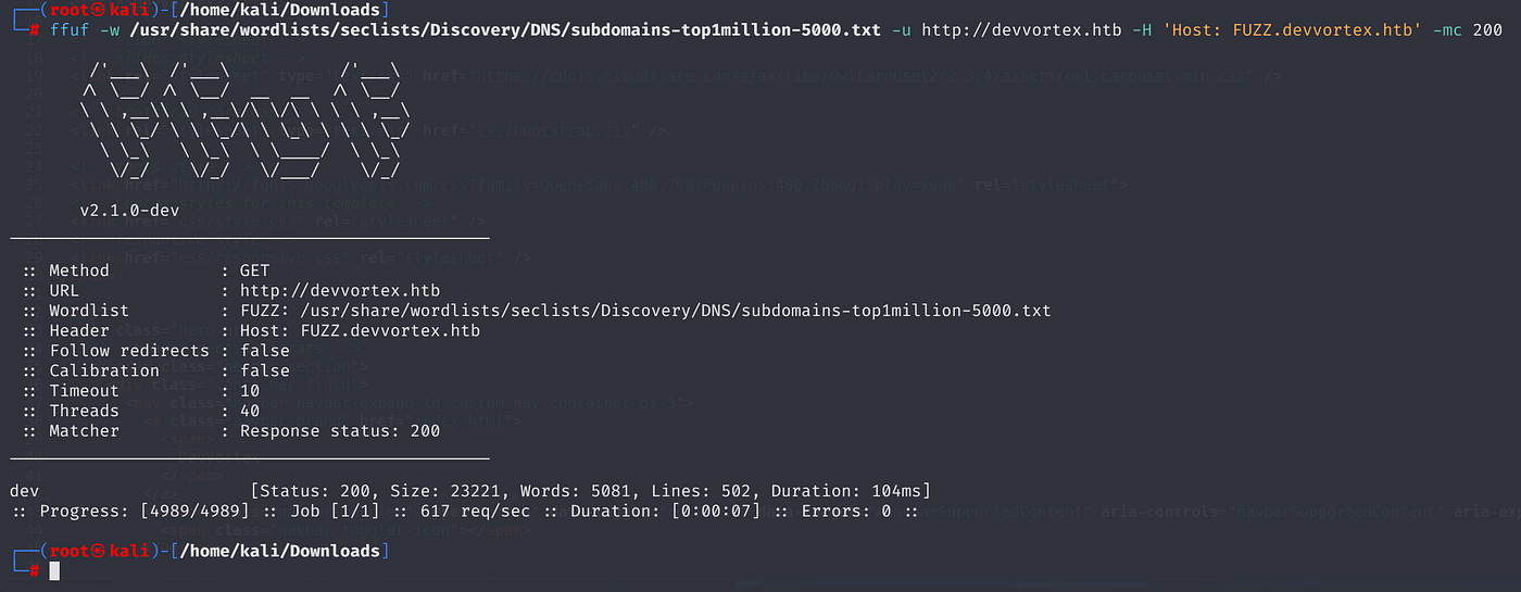 Terminal output of ffuf vhost fuzzing showing dev.devvortex.htb with status 200 and size 23264