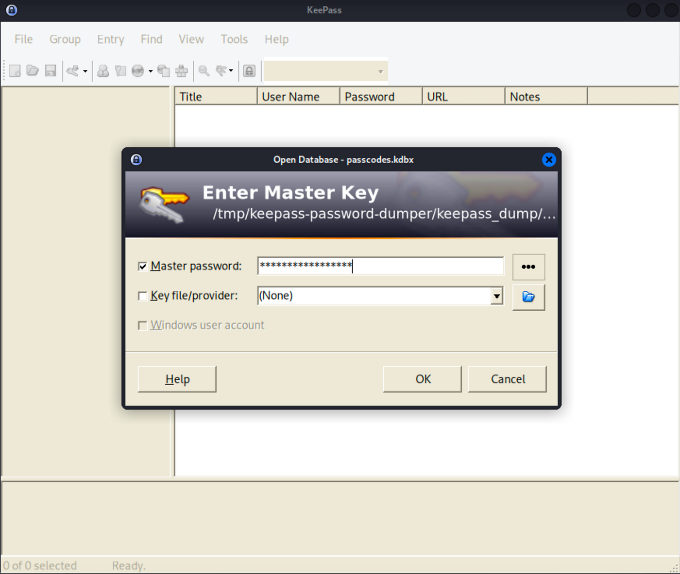 KeePass2 GUI dialog asking to save changes, clicking No.