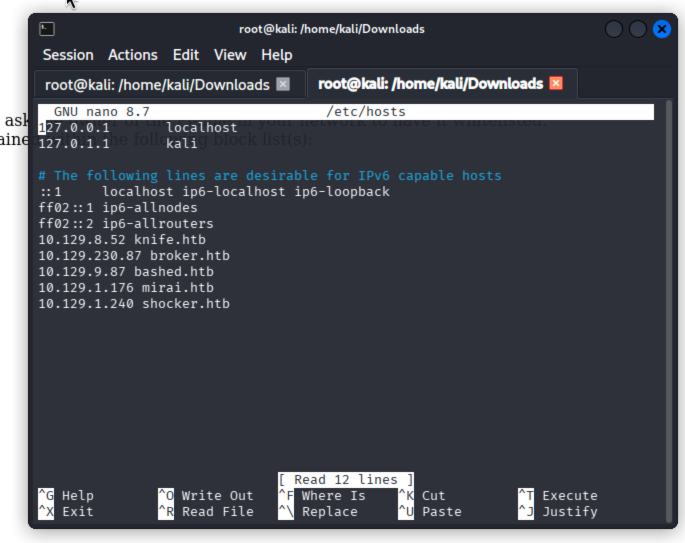 Terminal output of cat /etc/hosts showing shocker.htb mapped to 10.10.10.56