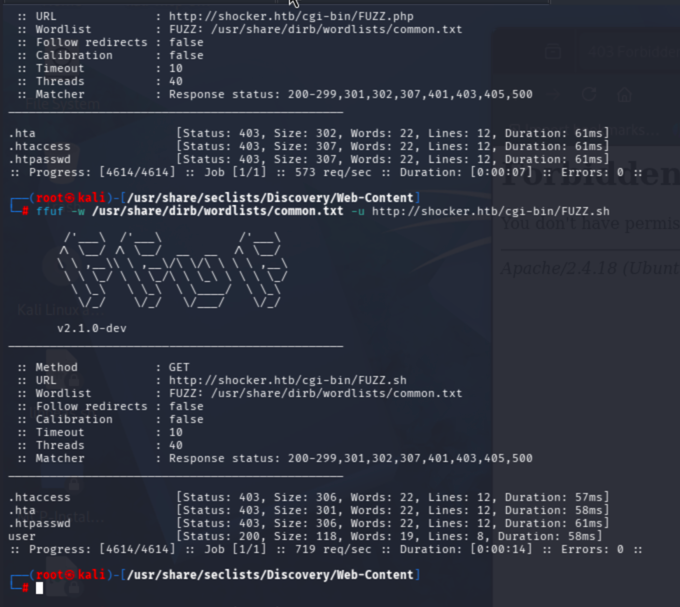 Terminal output of ffuf -w /usr/share/dirb/wordlists/common.txt -u http://shocker.htb/cgi-bin/FUZZ.sh showing user.sh with status 200