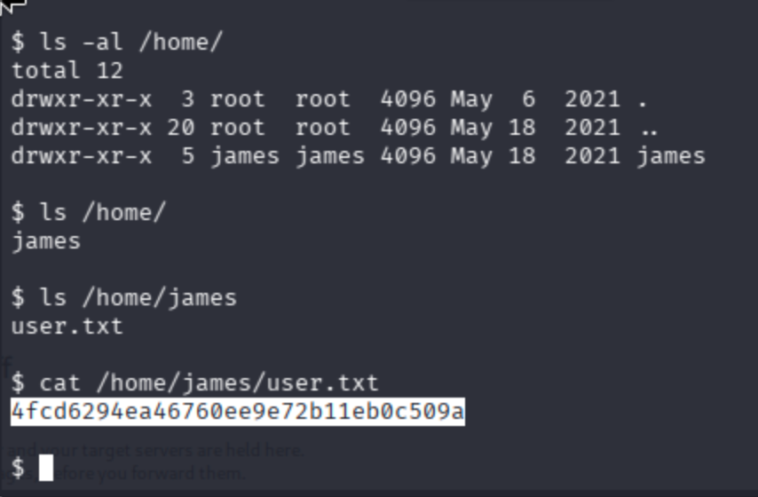 Terminal output showing the contents of /home/james directory including user.txt flag.