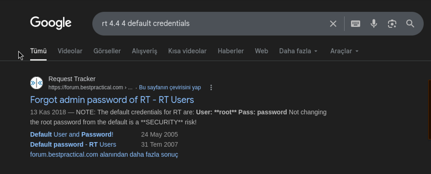 Terminal output of searchsploit for request tracker showing no relevant exploits.