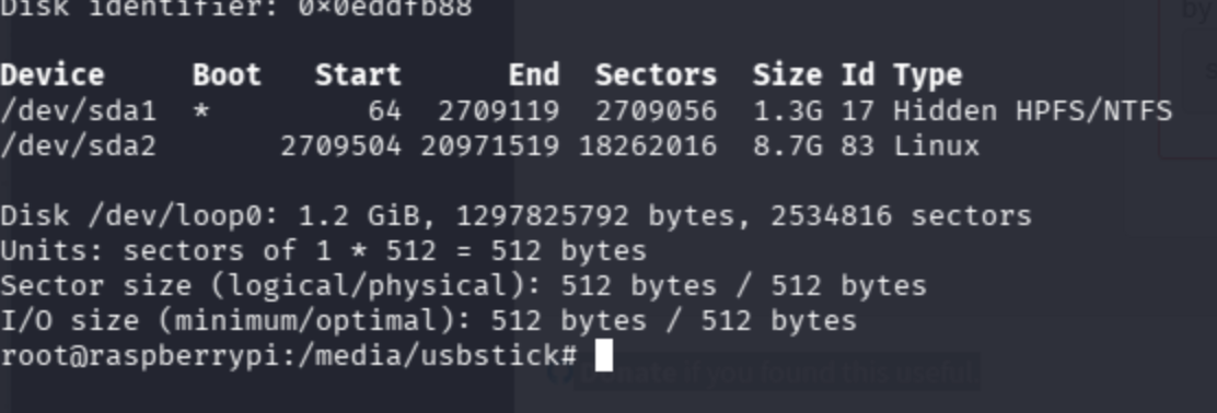 Terminal showing fdisk -l output listing /dev/sdb as 10 MB USB stick.
