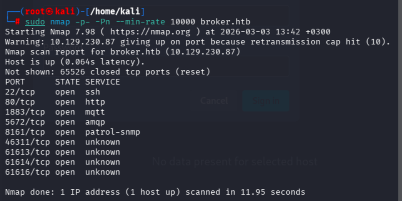 Terminal output of sudo nmap -p- -Pn --min-rate 10000 broker.htb listing all open ports including 22, 80, 1883, 5672, 8161, 46311, 61613, 61614, 61616