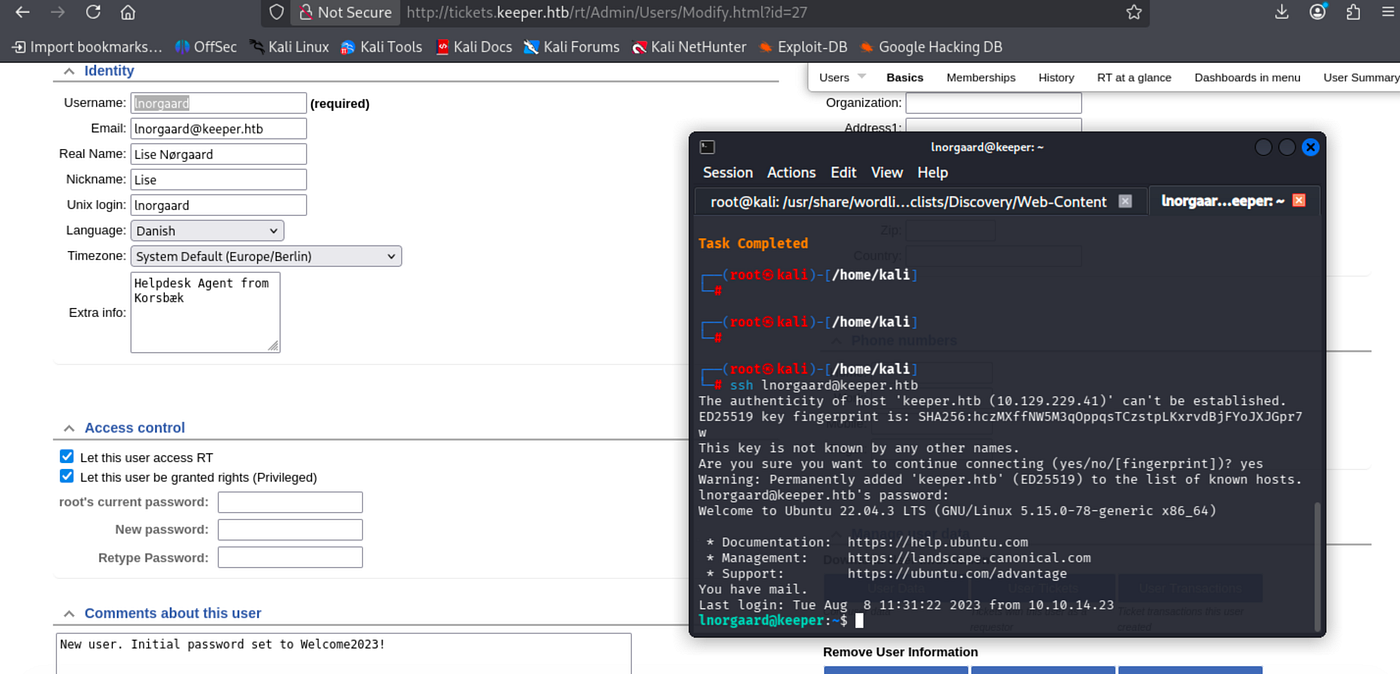 Terminal showing user flag captured in /home/lnorgaard/user.txt.