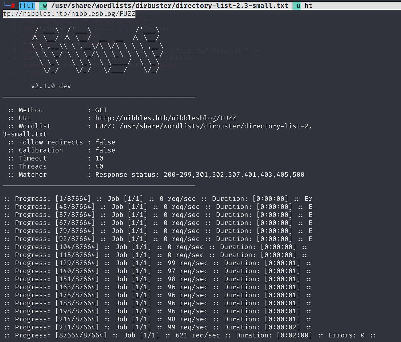 Terminal output of ffuf scan on /nibbleblog/ showing 404 errors