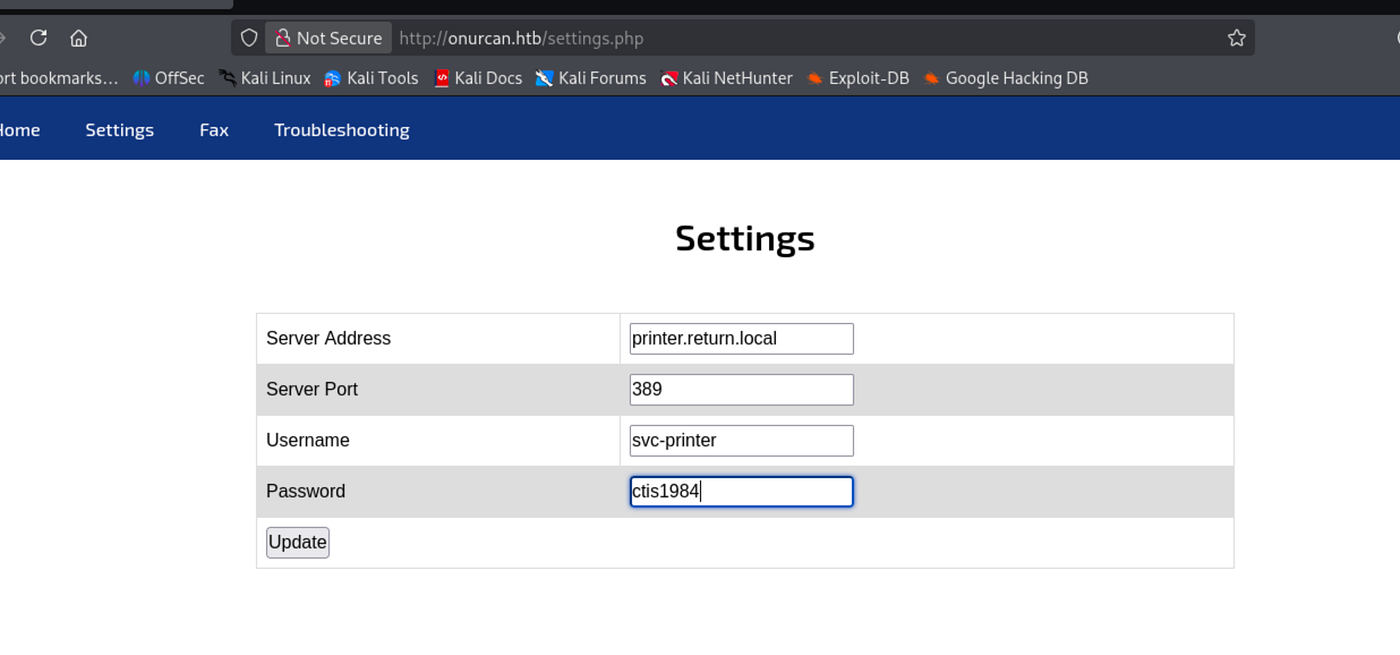 Printer Admin Panel Settings page with Server Address field changed to attacker IP 10.10.16.64