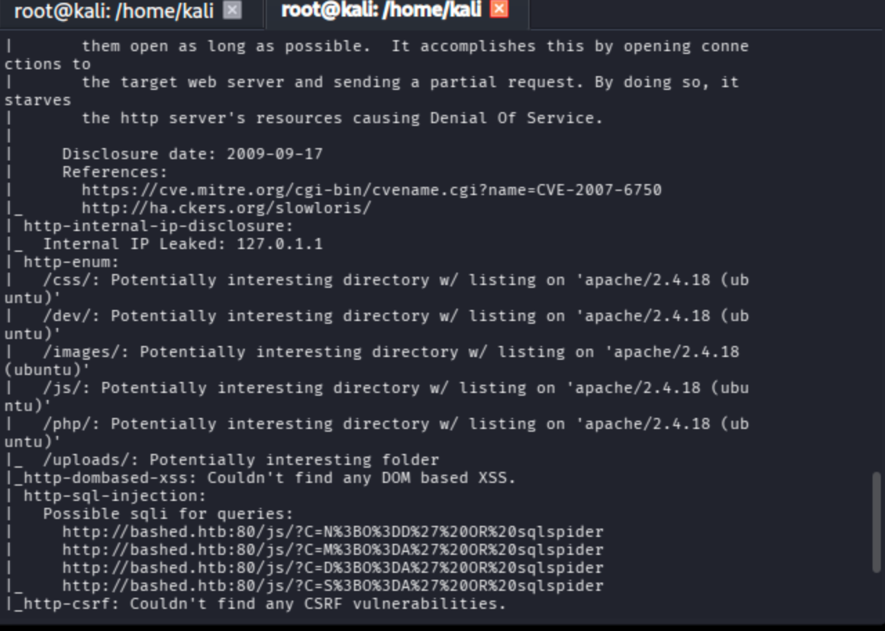Terminal output of gobuster directory brute force showing /dev, /images, /css, /js, and /php directories.