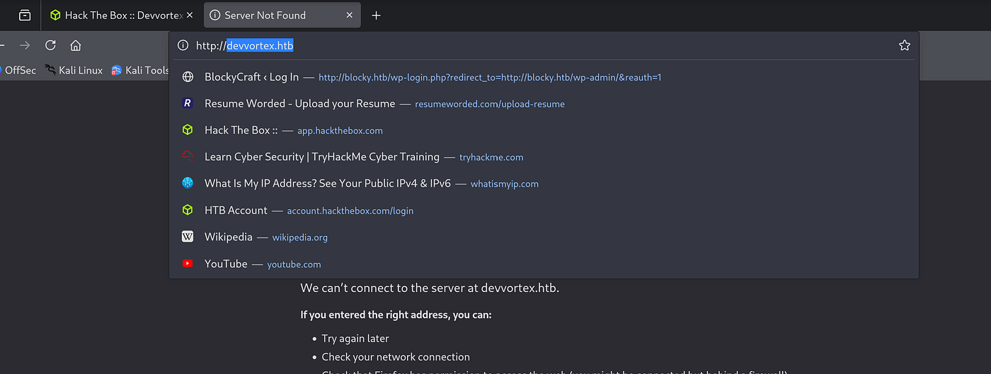 Terminal output of cat /etc/hosts showing updated entry for devvortex.htb and dev.devvortex.htb