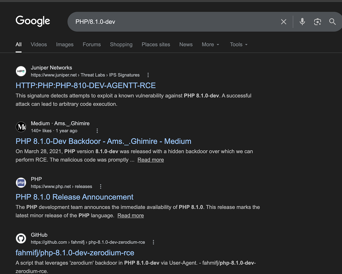 GitHub repository page for php-8.1.0-dev-zerodiumRCE.py showing code and usage instructions.