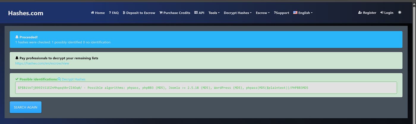 Terminal output of hash-identifier showing hash type as unknown or not identified