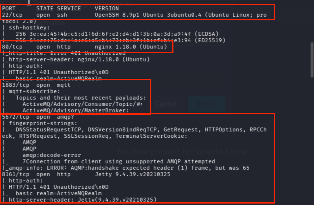 Terminal output of sudo nmap -p 22,80,1883,5672,8161,46311,61613,61614,61616 -Pn -sV -sC broker.htb showing detailed service info for each port.
