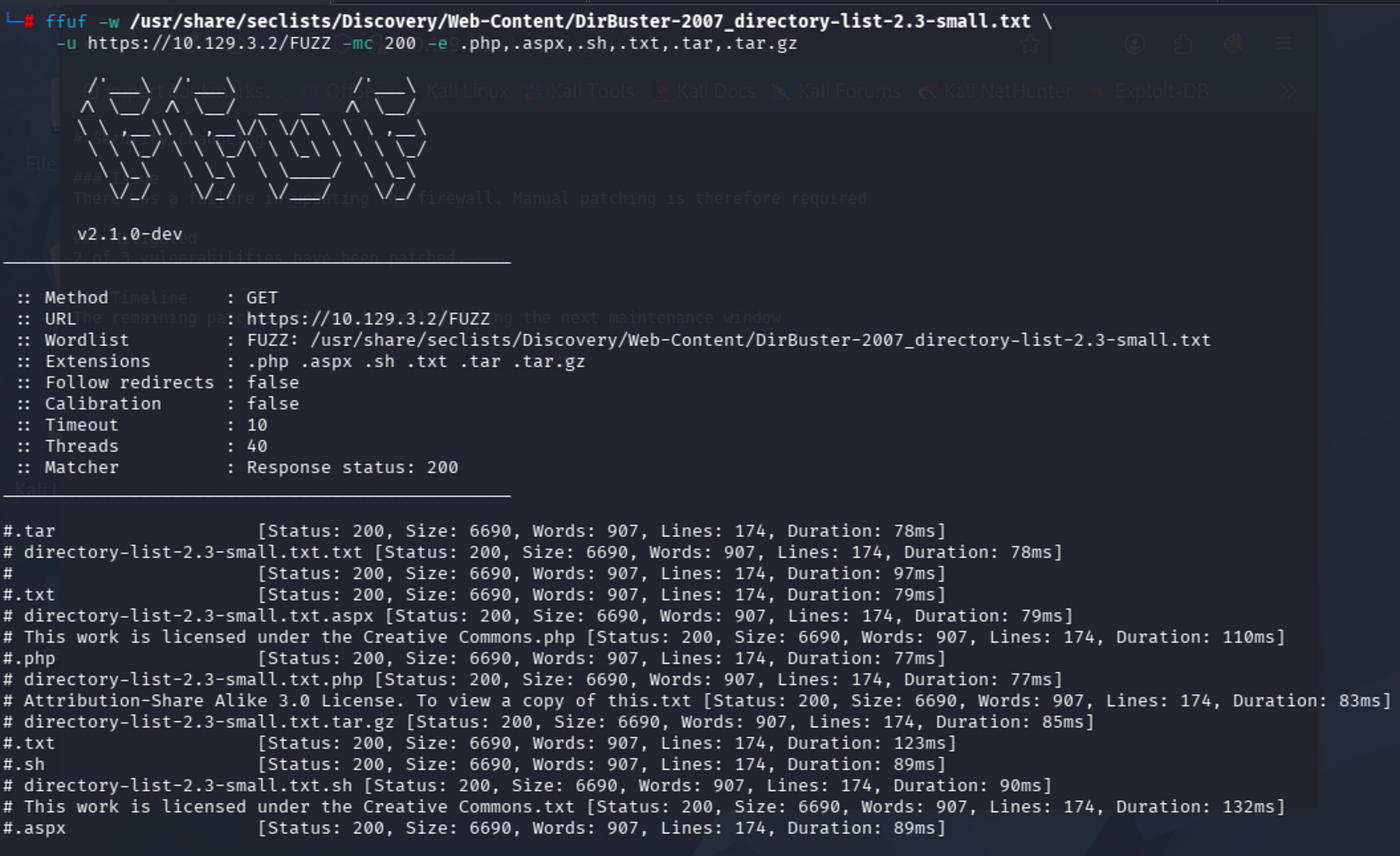 Terminal output of ffuf -w /usr/share/seclists/Discovery/Web-Content/DirBuster-2007_directory-list-2.3-small.txt -u https://10.129.3.2/FUZZ -mc 200 -e