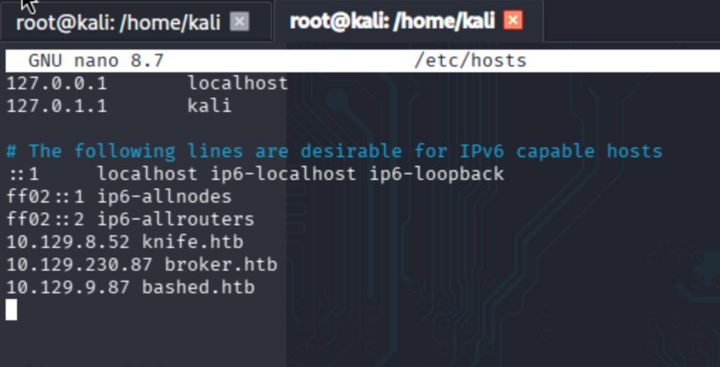 Terminal window showing /etc/hosts file opened in nano with bashed.htb mapped to 10.10.10.134.