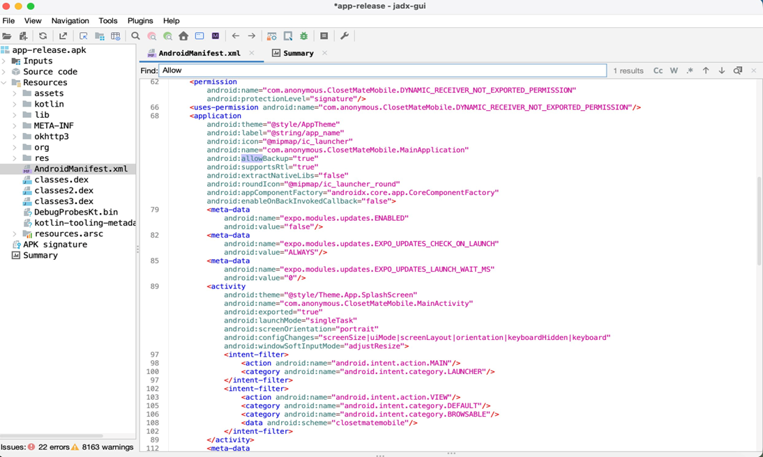 Android manifest file snippet showing android:allowBackup=true.