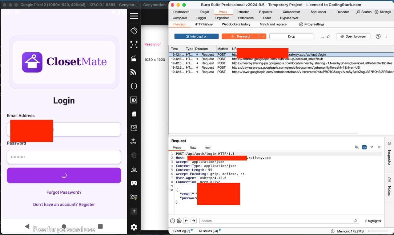 Burp Suite proxy capturing HTTPS traffic from ClosetMate app with PortSwigger CA certificate installed.