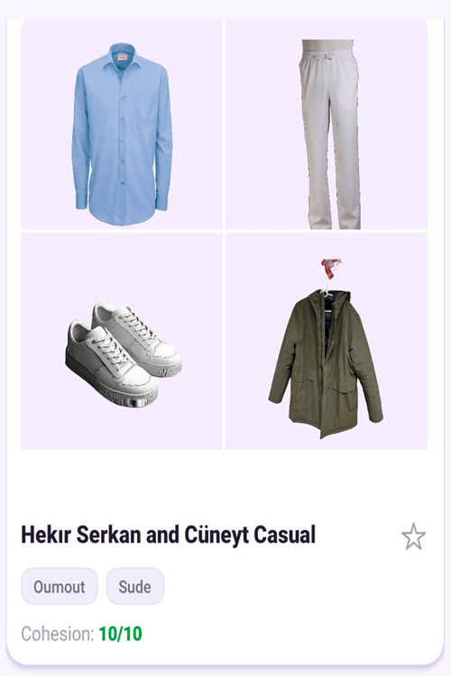 ClosetMate app interface displaying outfit successfully generated with user-supplied cohesion score 10 and arbitrary reasoning.