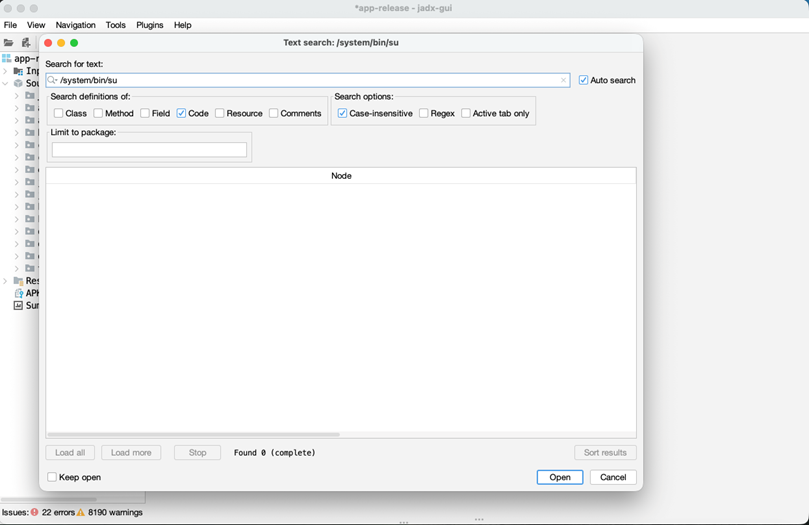Code snippet of root detection binary check implementation.