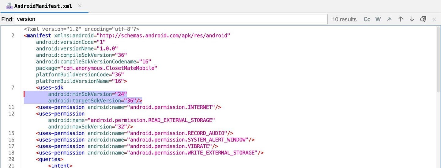 Android manifest file snippet showing minSdkVersion=24 and targetSdkVersion.