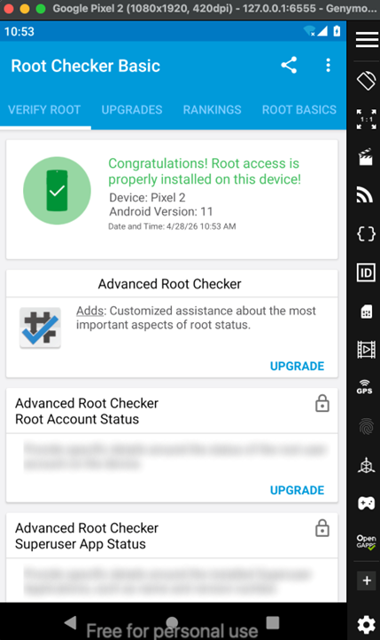 RootDetector app showing root access enabled on the device.