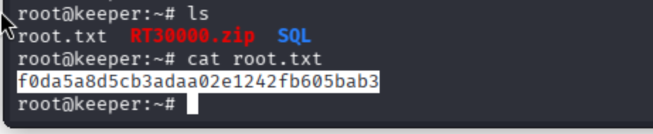 Terminal showing root flag captured in /root/root.txt.